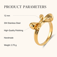 Bague nœud papillon en acier inoxydable 304 couleur or, douze millimètres, polie, faite à la main, bijoux de mode pour femmes, vente en gros