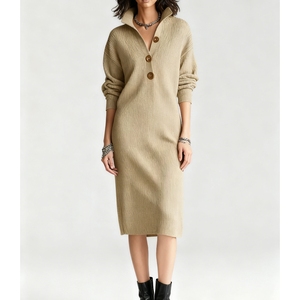 Robes pull mi-longues en maille décontractées pour femme, coupe droite ample, col boutonné, collection automne, tendance - Product Image 5