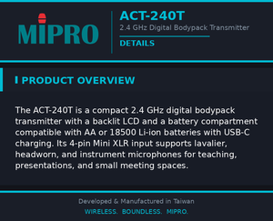 MIPRO Effective Teaching <b>Wireless</b> Bodypack <b>System</b> With 4 pin Mini XLR 2.4GHz Connector And Backlit LCD Digital Transmitter - Product Image 5