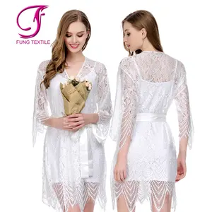 FUNG 3022ชุดนอนสตรีที่กำหนดเองเสื้อคลุมผ้าไหมสีขาวซาตินลูกไม้เสื้อคลุม