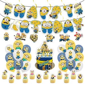 Mantel de personajes animados de gente pequeña amarilla, Bandera de tiro, globo, tapón para pastel, decoración, suministros para fiesta de cumpleaños