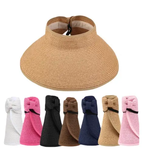 2024 vendita calda cappello pieghevole carta erba paglia Logo personalizzato spiaggia estate visiera vuoto Top cappello da sole