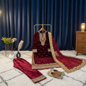 Nouvelle combinaison de soirée en velours de viscose de créateur avec broderie lourde, haut et dupatta entièrement cousus et bas pour les occasions spéciales - Product Image 3