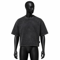 T-shirt court noir 240 GSM pour hommes, coupe ample, épaules tombantes, en coton délavé à l'acide, personnalisable pour marques