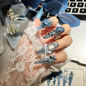 Lujo estilo largo <span class=keywords><strong>rosas</strong></span> azules cubierta completa no tóxico puro hecho a mano armadura con nicho ojos de gato patrón cuadrado 10 Uds <span class=keywords><strong>uñas</strong></span> de dedo - Product Image 2