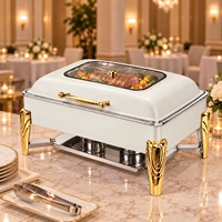 Plat de service rectangulaire de luxe en acier inoxydable doré blanc avec couvercle visible pour réchaud alimentaire, idéal pour les événements et réceptions