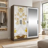Armoire en acier à 3 portes coulissantes avec miroir, imprimé feuille de Ginkgo dorée, rangement pour chambre à coucher