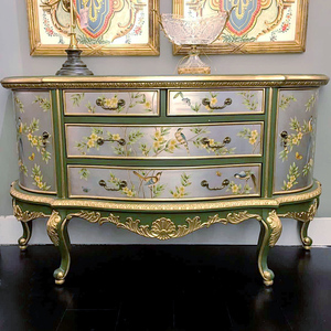Armario francés antiguo de madera maciza | Gabinete de almacenamiento de 4 cajones de marquetería floral pintado a mano - Product Image 2