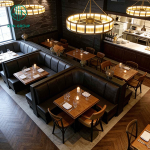 Ensemble de meubles vintage en cuir marron à rayures, comprenant une banquette demi-circulaire carrée et un ensemble table et chaises en bois pour <span class=keywords><strong>restaurant</strong></span> rapide ou café. - Product Image 5