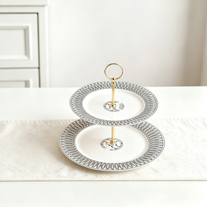 Assiettes à pâtisseries en porcelaine fine de luxe à 2 niveaux <span class=keywords><strong>pour</strong></span> gâteaux aux fruits, style Europe de l'Ouest, <span class=keywords><strong>pour</strong></span> salon, vente en gros - Product Image 1
