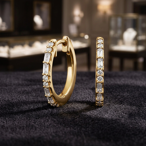 Lab Grown Diamond Baguette & Round Hoop Earrings Classic <b>Huggie</b> Style 10K 14K 18K Gold 925 935 <b>Silver</b> Wedding Engagement Gift - Product Image 1
