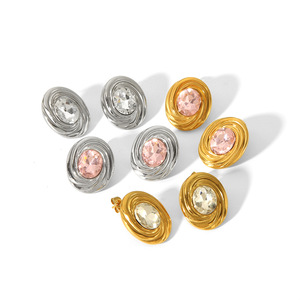 <b>Stud</b> Earrings Oval Zircon <b>Titanium</b> Steel 18k Gold Plated Bezel Setting For Women Party Jewelry - Product Image 5