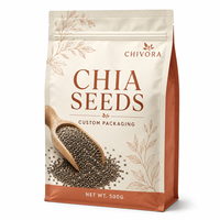 Sachet d'emballage personnalisé imprimé avec soufflet latéral et fermeture éclair refermable pour graines de chia, céréales, superaliments, marque privée
