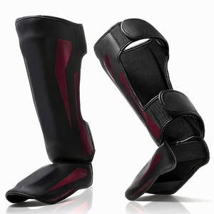 Protège-tibias en cuir noir et rouge, protection professionnelle du cou-de-pied, fermeture réglable à boucle auto-agrippante pour adultes, Muay Thai MMA - Product Image 3