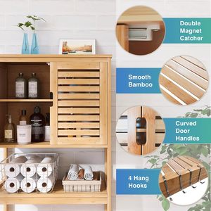 Armoire de rangement pour salle de bain naturelle au-dessus des toilettes Organisateur d'armoire en bambou à 2 portes Support de toilette autoportant économiseur d'espace - Product Image 4
