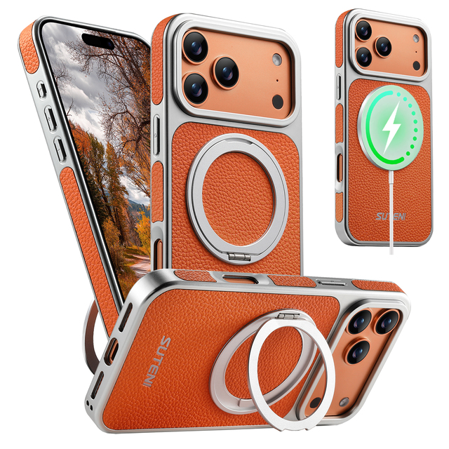 SUTENI for iPhone 18 Pro Max Phone Case Magnet Wireless Charging 360° Rotating Stand Ring Buckle Faux Leather 17 16 15 14 13