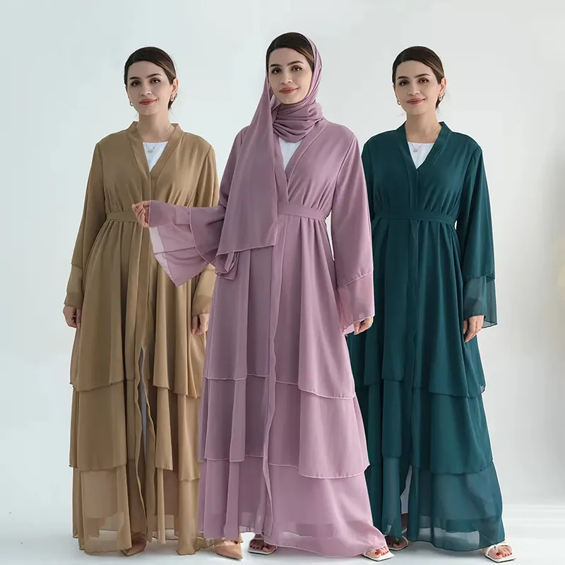 2024 Islamic Clothing Women's Dresses 3 Layers Chiffon Kaftan Dress Dubai Cardigan with Hijab Abaya Women Muslim Dress