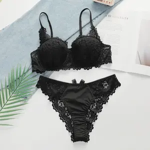 Custom Good Quality Factory Comfortable Black Back Buckle Underwear Hot Sexy Lace Ladies Push Up Bra Brief Set