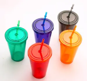 16oz BPA الحرة مزدوجة الجدار الصلب كوب بلاستك مع القش وغطاء