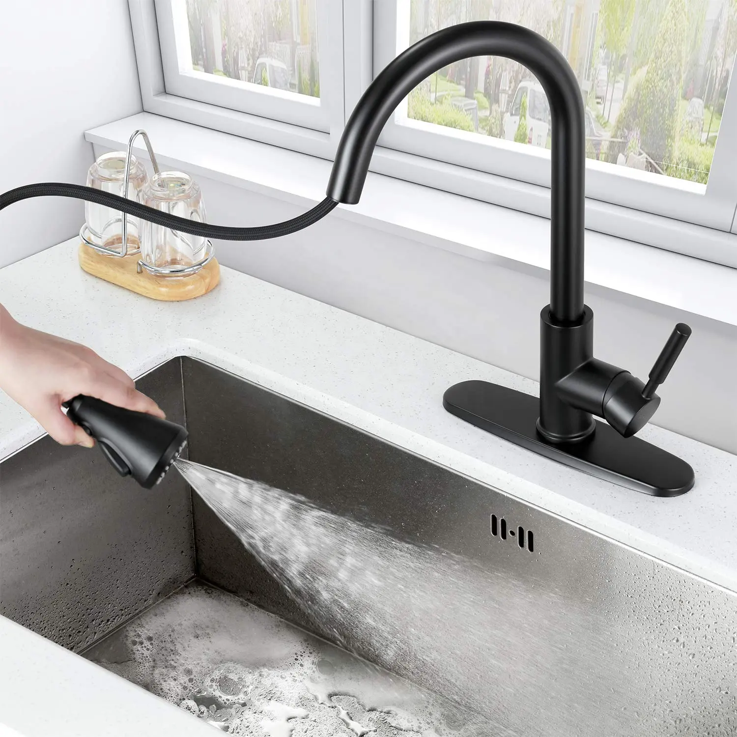 yida Commercial Kitchen Sink Faucet With Pull Down Sprayer High Arc Fit for One   3 Hole w/ Deck Plate Single Handle Industrial