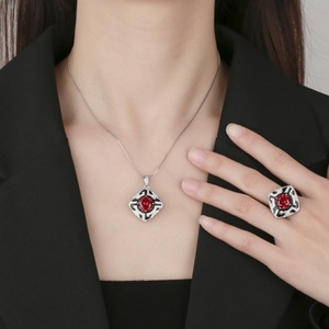 Wholesale Eco-friendly Copper Round Cut 10mm Red Zircon Vintage Fashion Necklace and Earrings <b>Set</b> Cubic Zirconia Jewelry <b>Set</b> - Product Image 6