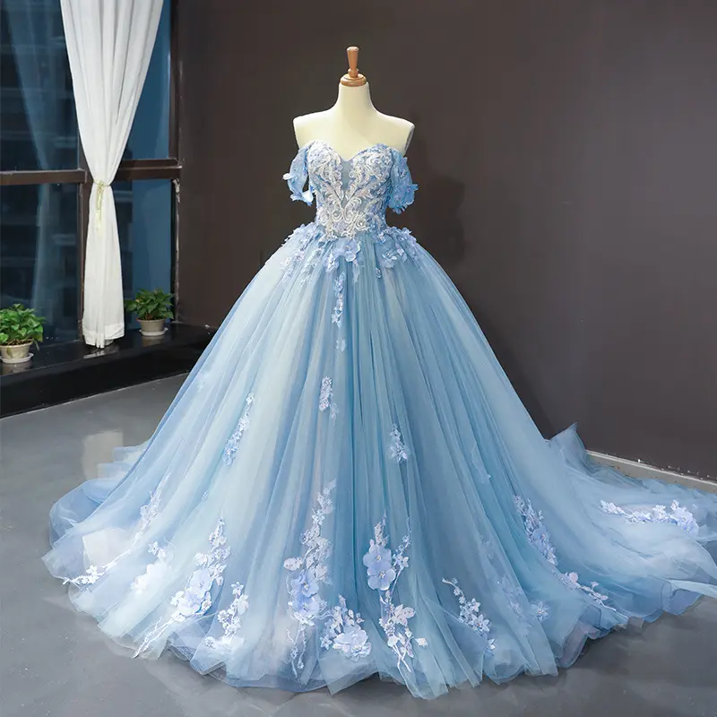 Yüksek kalite lüks Sky Blue dantel quincedresses elbiseler sevgiliye tül parti Vestidos 15 Anos Vintage balo Quinceanera elbisesi