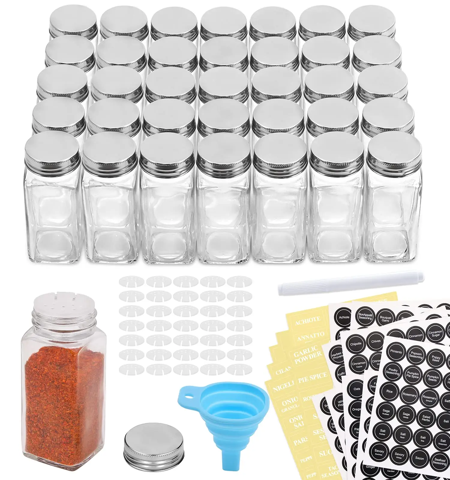 Baharat kavanoz etiketleri ile 6oz cam baharat kavanozları Metal kapaklı, baharat depolama şişeleri baharat rafı, dolap, çekmece