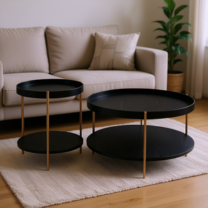 Ensemble de tables basses rondes modernes en 2 pièces avec structure en métal et plateau en bois pour le mobilier de salon - Product Image 2