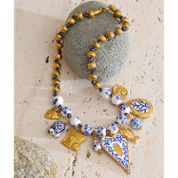 Collier élégant JINYOU 5881 avec pendentif cœur en céramique émaillée bleu et blanc, perles en céramique et acier inoxydable, et breloque animale en métal