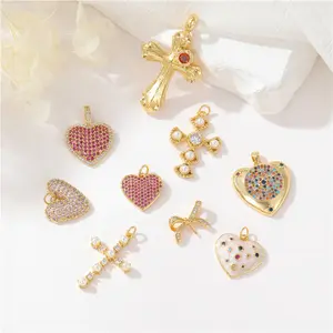 Factory Wholesale Brass DIY Jewelry Pendant 14K Pearl Cross Pendant Colorful Zircon Heart Charm Accessory For Jewelry Making