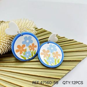 Orecchini dipinti con design floreale rotondo, blu, arancione, rosa, orecchini pendenti, gioielli di moda, 12 pezzi - Product Image 2