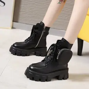 2022 kadın Pocket Boot Lace Up bayanlar yarım çizmeler kadın savaş pist toka kayış ayak bileği çizme kadın Platform ayakkabılar Botas Mujer