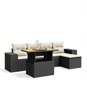 Cream White Garden <b>Sofa</b> Set 6 Seater <b>Rattan</b> Outdoor Furniture Weather Resistant Contemporary Design - Product Image 1