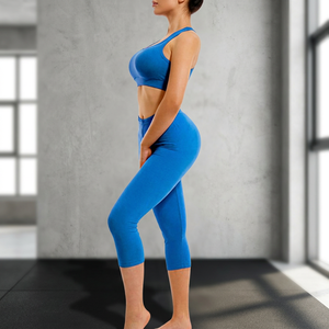 Women's <b>Blue</b> High-Waisted Yoga Set Racerback <b>Crop</b> <b>Top</b> Shorts Plaid Pattern Seamless Four-Way Stretch Spandex Activewear - Product Image 2