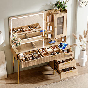 <span class=keywords><strong>Coiffeuse</strong></span> de 47 pouces avec <span class=keywords><strong>miroir</strong></span> rotatif et lumières <span class=keywords><strong>LED</strong></span>, table de maquillage avec tiroirs cachés, plateau en verre - Product Image 3