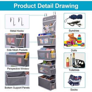 1 Pack Grey 5-<b>Shelf</b> Over Door Hanging Organizer Houseware Storage Bag with Wall Mount Containers - Product Image 3