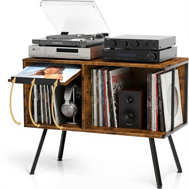 Top Wood Record Player Stand Standing Type Holds 150+ Albums Vintage Mid Century Open Storage Living Room Bedroom