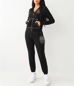 เสื้อครอปฮู้ดดี้ผู้หญิงแบบมีเชือกผูกเอว แต่งผ้าแบบแพทช์เวิร์ค พร้อมกางเกงขายาว ชุดเซ็ตสองชิ้น - Product Image 3