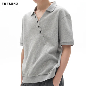 Polo de Algodón Grueso Gris para Hombre, Cierre de Botones Diagonal, Corte Recto, Estilo Minimalista, Prenda Urbana de Diseño - Product Image 3