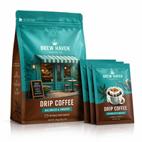 Ensemble d'emballages personnalisés pour café filtre avec pochette extérieure, valve, fermeture éclair et sachets individuels imprimés – Lot de sacs de café pour la vente au détail
