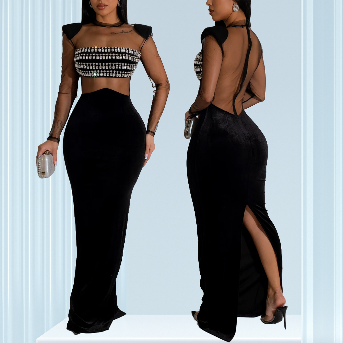 black dress elegant woman with diamonds Nocturnes Long Sleeve Lace Gown