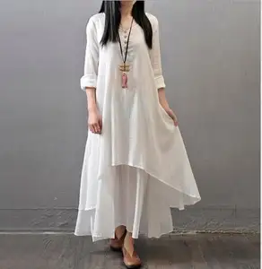 Abito <span class=keywords><strong>da</strong></span> <span class=keywords><strong>donna</strong></span> <span class=keywords><strong>in</strong></span> <span class=keywords><strong>lino</strong></span> 2022 primavera nuovo falso due pezzi manica lunga girocollo tinta unita allentato Plus Size abito Casual irregolare - Product Image 4