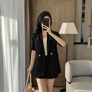 Women's Short Sleeve Blazer Set Summer Lightweight Breathable Woven Office Lady Suit Shorts Two Piece Professional Workwear - Product Image 4