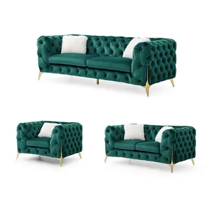 3 Piece Living Room Set Velvet Chesterfield Sofa Loveseat Couch Chair with Scroll Arms and Nailhead for Living Room