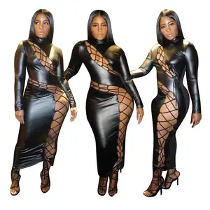 2022 New Design Pu Leather Tie Up Dress Long Sleeve Bodycon Maxi Sexy Club Party Wear Dresses for Women Ladies