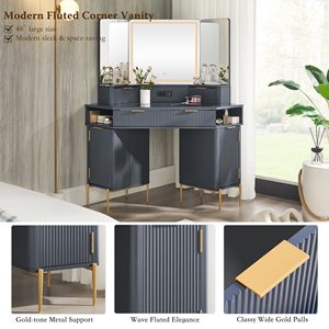 AJUNION 48 "moderno acanalado de madera maquillaje vanidad vidrio superior tocador 3 paneles espejos esquina maquillaje tocador <span class=keywords><strong>con</strong></span> 3 <span class=keywords><strong>luces</strong></span> Led - Product Image 4
