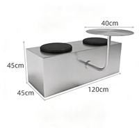 Banc en acier inoxydable brossé sur mesure avec coussin rond et table d'appoint murale en forme de L, tabouret d'attente pour hôtel, café, restaurant