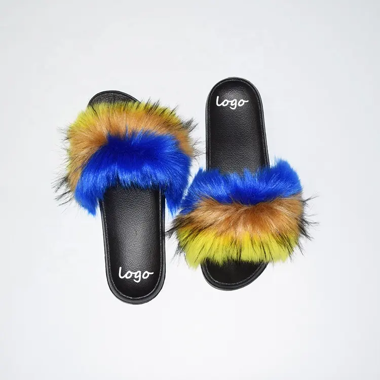 卸売カスタムロゴヘア本物のアライグマの毛皮のスライド靴2022柔らかい本物のアライグマの毛皮のスリッパ女性のためのふわふわの毛皮のサンダル