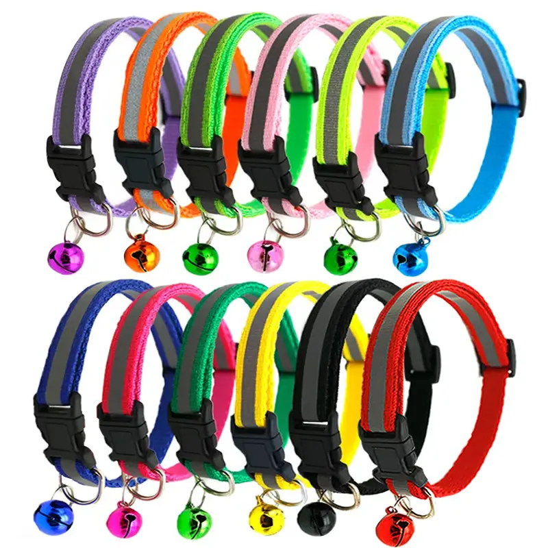 12色反射調節可能な安全ペット犬猫首輪ベル付きバルク