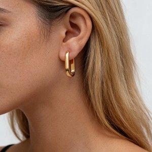 U-Shaped Stainless Steel <b>Hoop</b> Earrings-Gold & <b>Silver</b> Two-Tone Light Luxury Daily Outfit Basic Stylish Accessory - Product Image 5